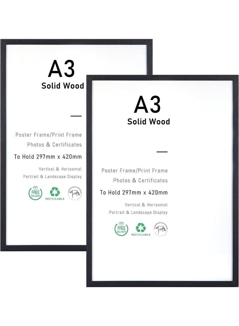 Arabest Set of 2 Certificate Picture Frame, Oak Wood Picture Frame with Mount, A3 Poster Frame with Plexi Glass for Wall Mounting Display, 29.7x42 cm (Black) - Image 1